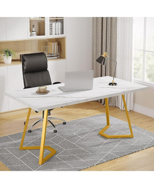 Modern Gold Computer Desk: 55 Inches White and Gold Home Office Desk with Metal Legs, Faux Marble Study Writing Table for Small Spaces, Simple Desk for Bedroom