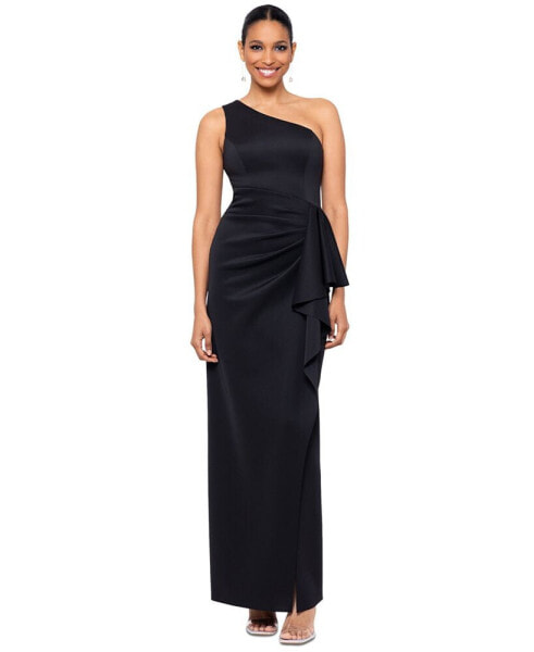 Petite One-Shoulder Side-Drape High-Slit Gown