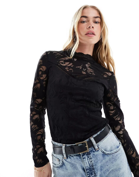 Vila long sleeve lace top in black