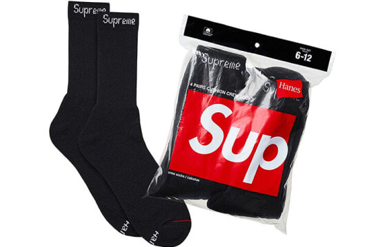 Supreme Hanes Crew Socks (4 Pack) Black 字母提花袜子 男女同款 4双装 黑色 / Носки Supreme Hanes Crew (4 шт.) черные 4