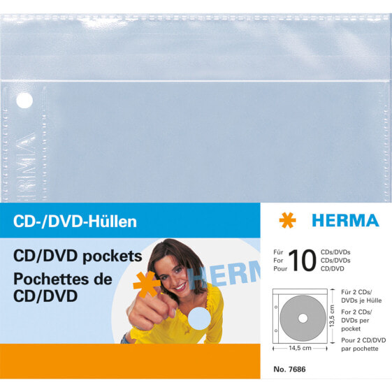 HERMA CD/DVD pockets - 145x135 mm 5 pockets - Sleeve case - 2 discs - Transparent - Polypropylene (PP) - 120 mm - 145 mm