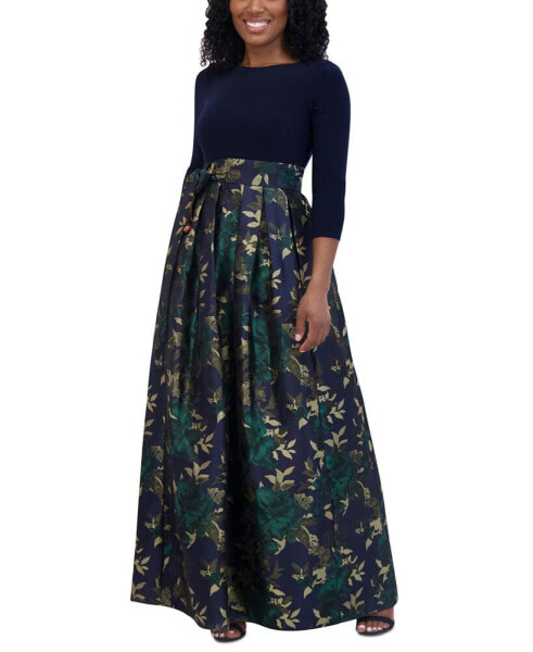 Petite Floral-Skirt Tie-Waist Evening Gown