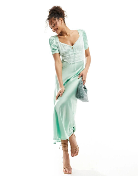 ASOS DESIGN v neck satin midi with lace bodice in sage green with contrast lace