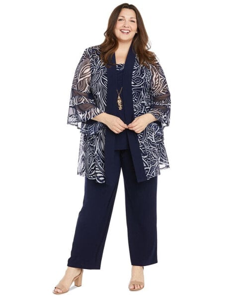 Plus Size Sheer Jacket, Sleeveless Top and Pants Set