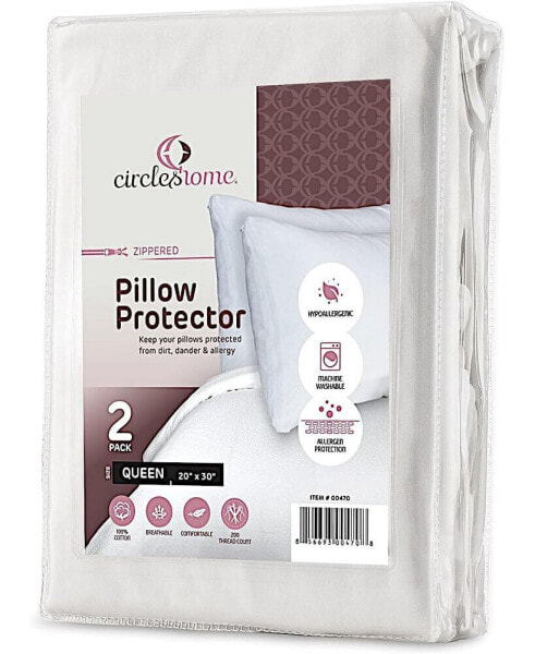 Circles Home 100% Cotton Breathable Pillow Protector with Zipper – White (2 Pack)