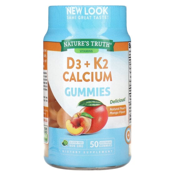 Витамины D3+K2 с кальцием, натуральный персик-манго, 50 веганских жевательных конфет Nature's Truth