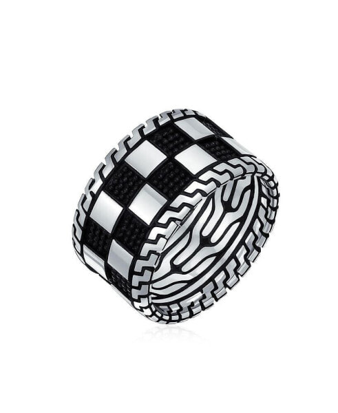 Men's Inside Out Design Two Tone Black Silver Geometric Check Board Squares Chess Ring Band Heavy Solid .925 Silver Handmade In Turkey Wide 12MM