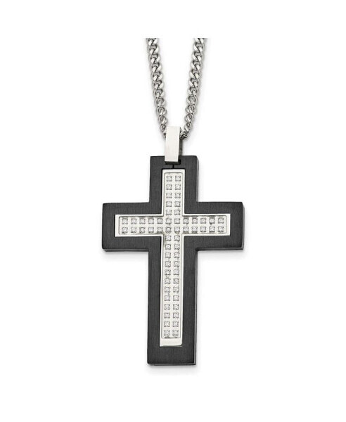 Brushed Black IP -plated Edges CZ Cross Pendant Cable Chain Necklace