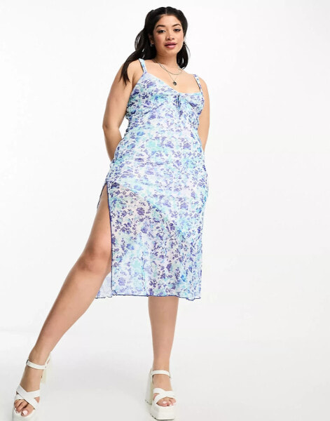 Tammy Girl Plus 90s cami midi dress in blue ditsy and bow detail