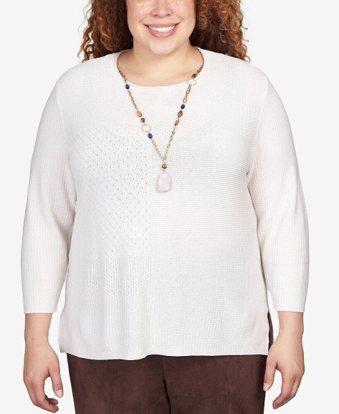 Plus Size Autumn Weekend Solid Texture Split Hem Sweater with Necklace