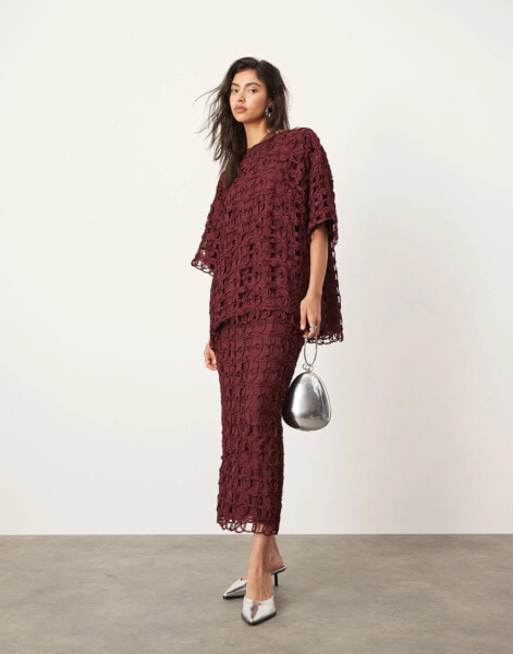 ASOS EDITION floral cutwork column midi skirt co-ord in burgundy