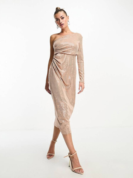 Vesper one shoulder shimmery midi dress in gold