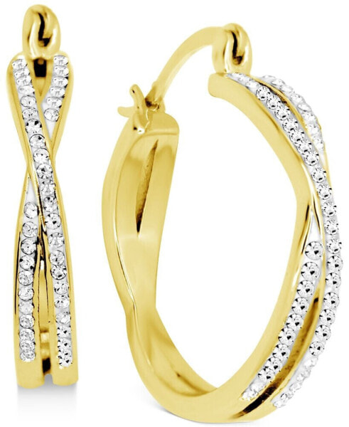 Crystal Small Crossover Hoop Earrings, 0.95" in Silver Plate or Gold Plate
