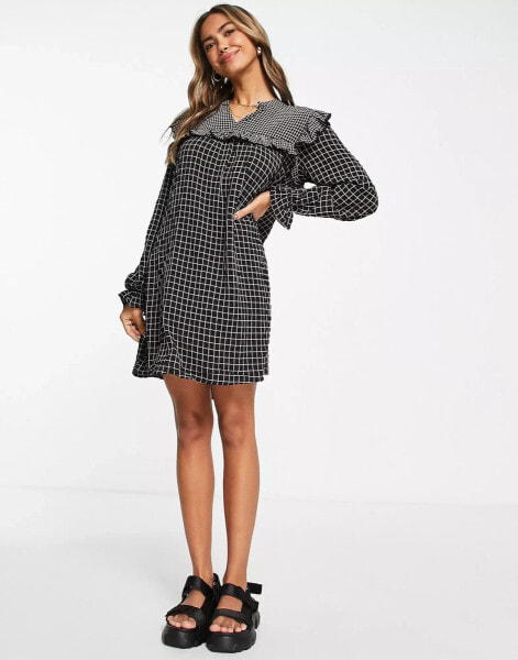 JDY smock mini dress with frill detail in black grid check