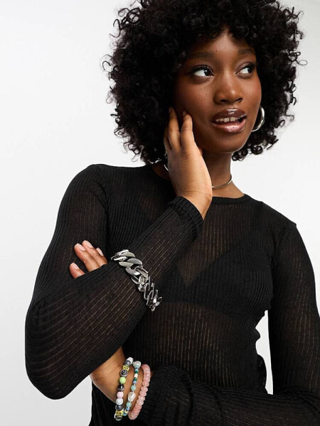 Cotton:On sheer ribbed long sleeve top in black