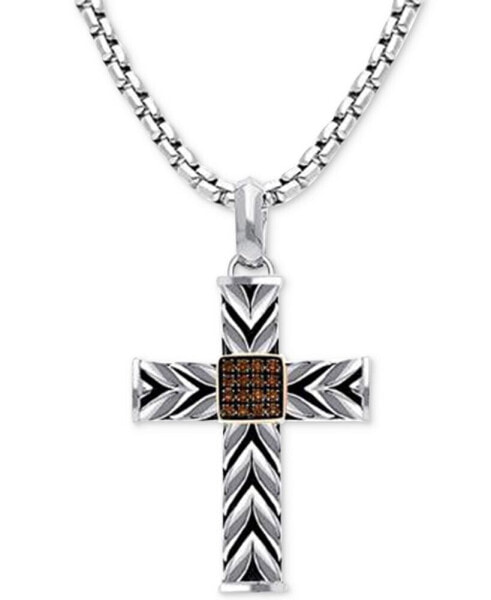 Chocolatier® Men's Chocolate Diamond Textured Cross 22" Pendant Necklace (1/8 ct. t.w.) in Sterling Silver & 14k Rose Gold-Plate