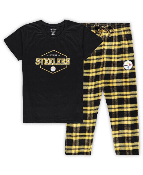 Women's Black, Gold Pittsburgh Steelers Plus Size Badge T-shirt and Pants Sleep Set