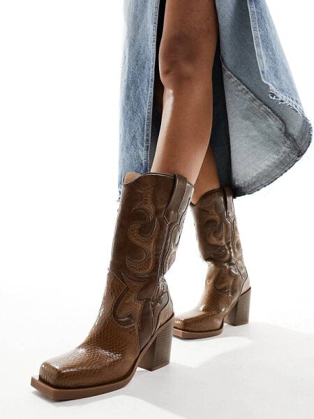 Public Desire Texas western mid ankle boot with snake print in vintage brown