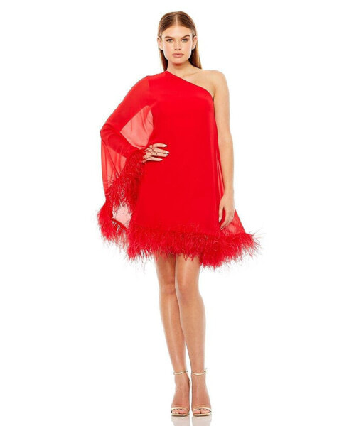 Women's One Shoulder Trapeze Dress with Feather Trim