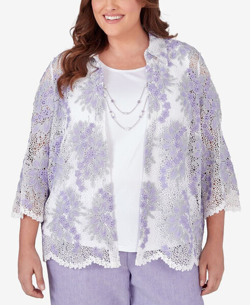 Plus Size Isn't It Romantic Collared Floral Lace Two in One Top with Necklace