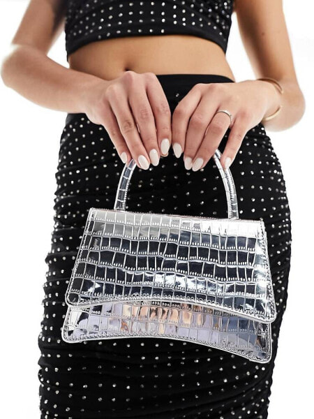 True Decadence glitter clutch bag in silver croc