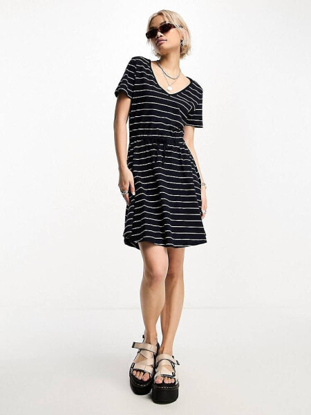 ONLY v neck tie waist mini dress in navy stripe