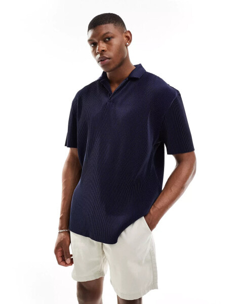 ASOS DESIGN relaxed revere plisse polo in navy