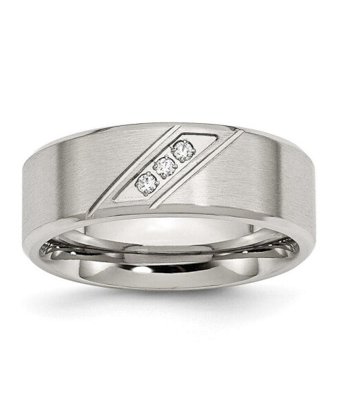 Stainless Steel Brushed Polished CZ 8mm Beveled Edge Band Ring