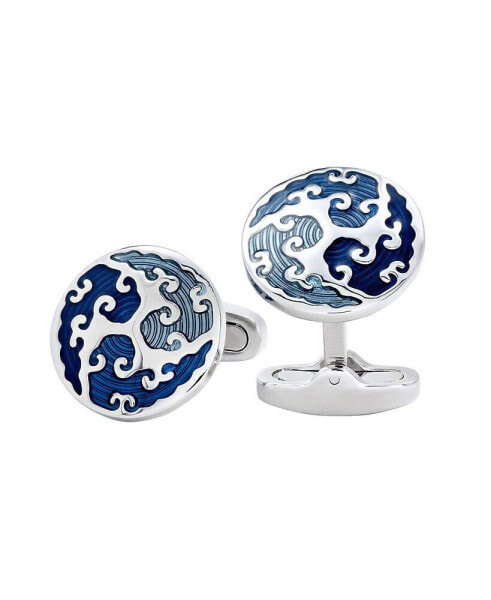 Round Cufflinks with Blue Enamel Wave Overlay