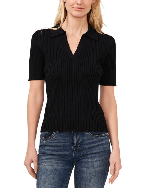 Women's Short-Sleeve Rib-Knit Polo Sweater