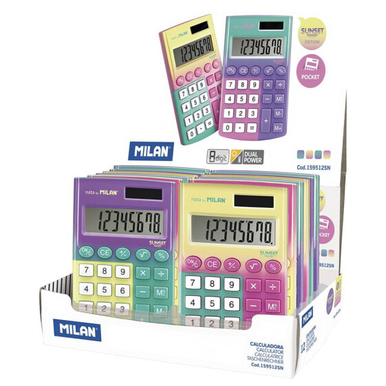 MILAN Display Box 12 Calculators 8 Digit Sunset Pocket