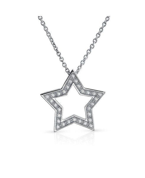 Large Pave Cubic Zirconia CZ Celestial Patriotic American USA Open Rock Star Pendant Necklace For Women .925 Sterling Silver