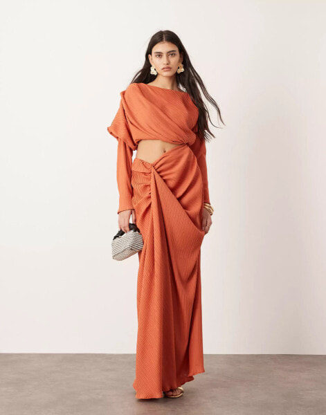 ASOS EDITION premium plisse long sleeve drapey maxi dress in rust