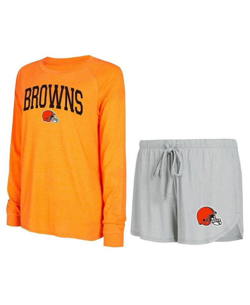 Women's Gray, Orange Cleveland Browns Raglan Long Sleeve T-shirt and Shorts Lounge Set