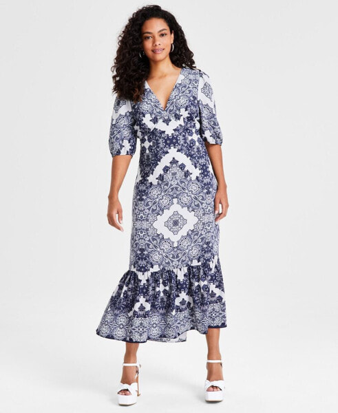 Petite Ruffled-Hem Elbow-Sleeve Maxi Dress