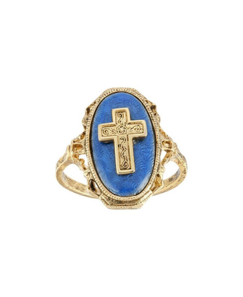 Gold-Tone Cross Blue Enamel Oval Ring