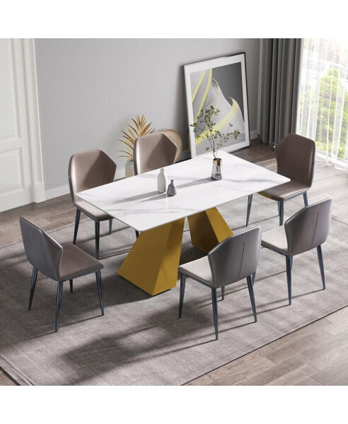 63" Modern Artificial Stone White Straight Edge Golden Metal Leg Dining Table -6 People