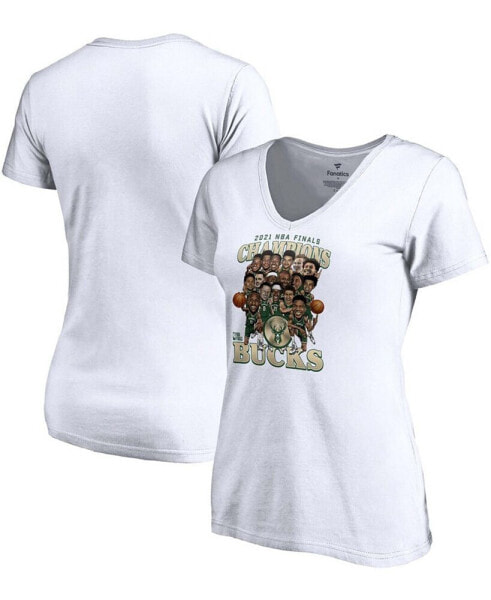 Women's White Milwaukee Bucks 2021 NBA Finals Champions Team Caricature Roster V-Neck T-shirt