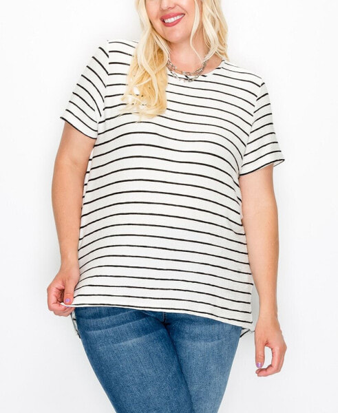 Plus Size Pointelle Stripe Button Back Top