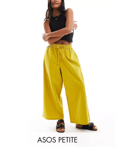 ASOS DESIGN Petite pull on barrel leg trouser with linen in chartreuse