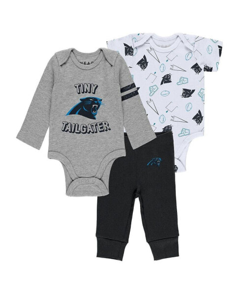 Newborn and Infant Boys and Girls Gray, Black, White Carolina Panthers Three-Piece Turn Me Around Bodysuits and Pant Set