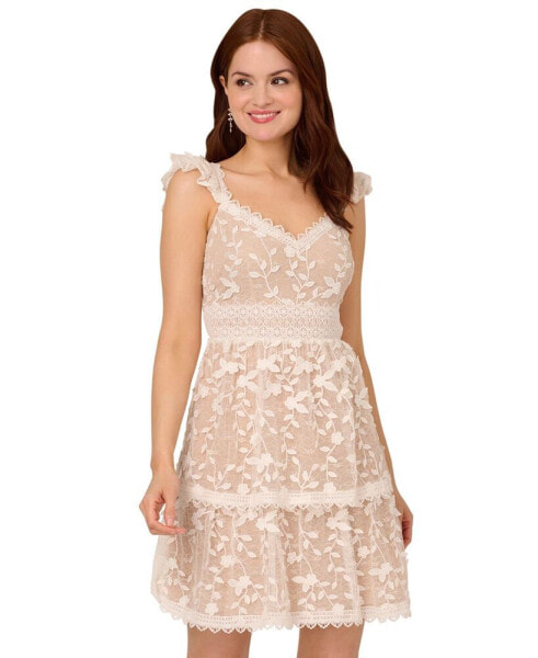 Women's Embroidered Lace Flutter-Sleeve Dress