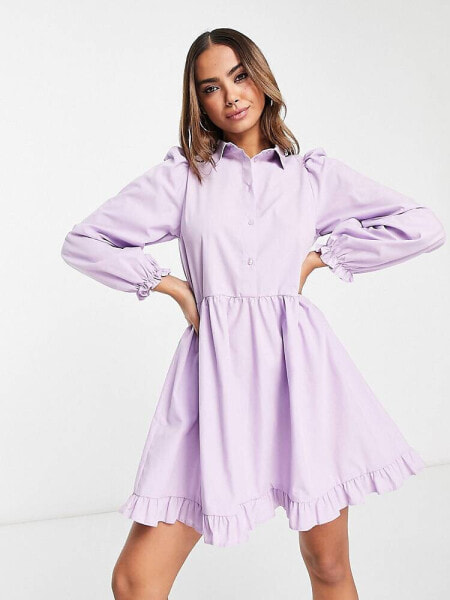 Miss Selfridge frill hem poplin mini smock dress in lilac