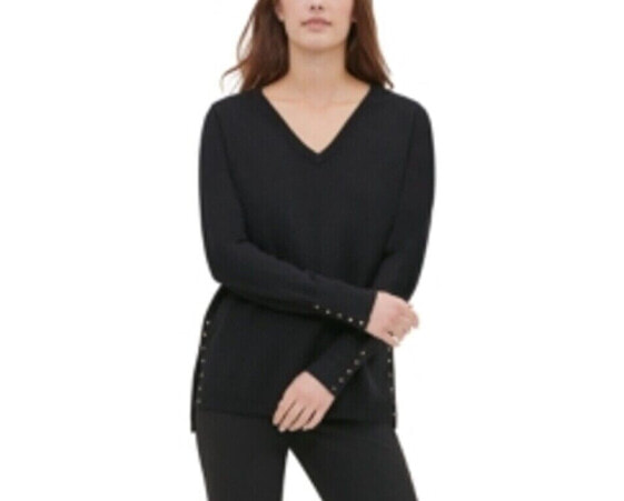 Calvin Klein Women's Studded V Neck Long Sleeve Sweater Black S