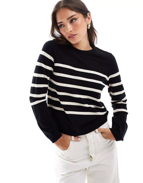 Vero Moda crew neck jumper in cream with black stripes