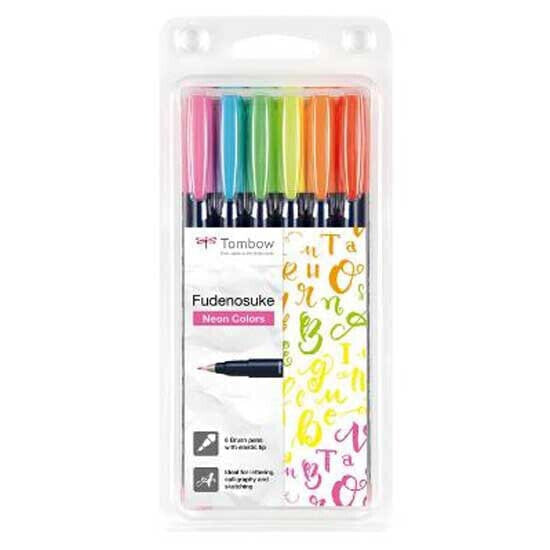 TOMBOW Fudenosuke marker water-based ink hard brush tip case of 6 neon colors