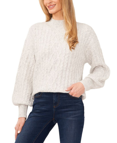 Women's Cable-Knit Mock Neck Bishop Sleeve Sweater