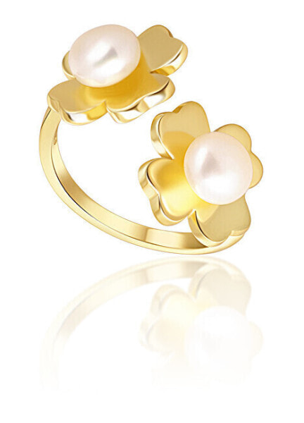 Gold-plated ring with real pearls Four-leaf clover JL0693
