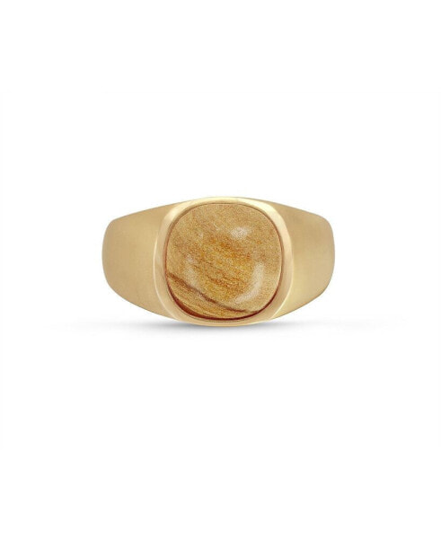 Wood Jasper Iconic Gemstone Yellow Gold Plated Sterling Silver Men Signet Ring