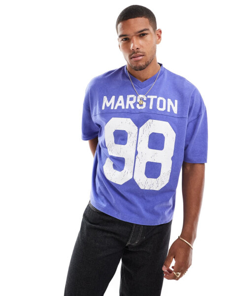 ASOS DESIGN boxy oversized v neck t-shirt in heavyweight 220gsm washed blue with sports number front print